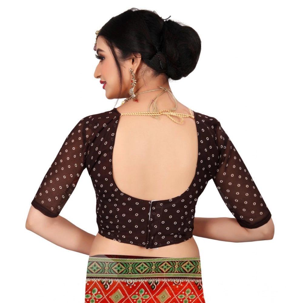 Orange georgette floral print saree with unstitched blouse, 5.5mtr on mannequin