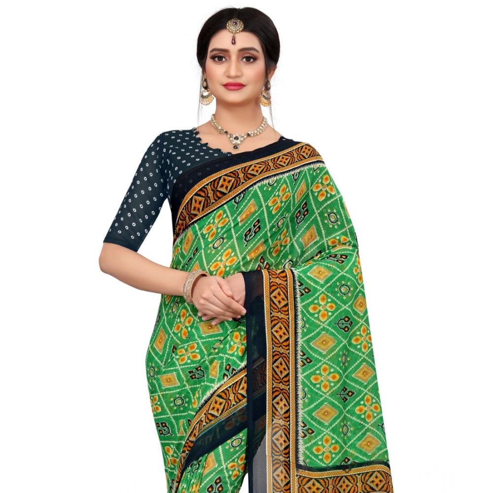 Light green Georgette floral print saree with unstitched blouse, delicate floral patterns on a feminine background