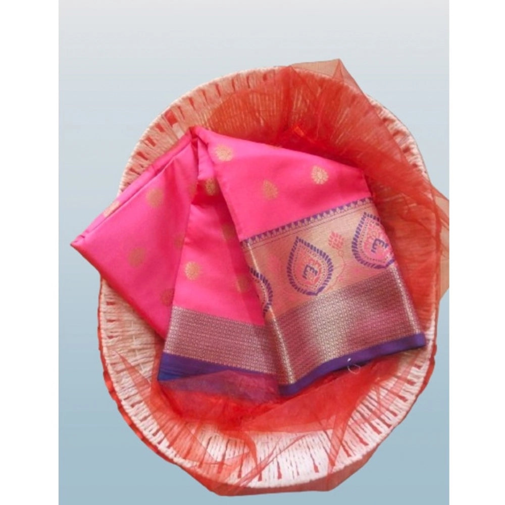 Pink silk blend woven saree with unstitched blouse, 5.5Mtr