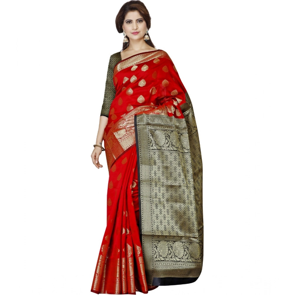Red jacquard woven saree with unstitched blouse, 5.5mtr long