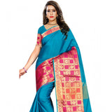 Multi-colored jacquard woven saree with unstitched blouse, vibrant patterns on 5.5m length for traditional Indian wear