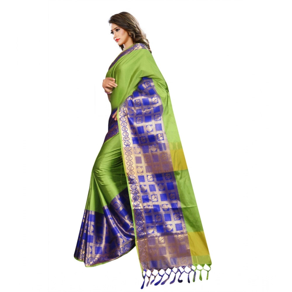 Green jacquard woven saree with unstitched blouse, intricate pattern on a 5.5mtr length