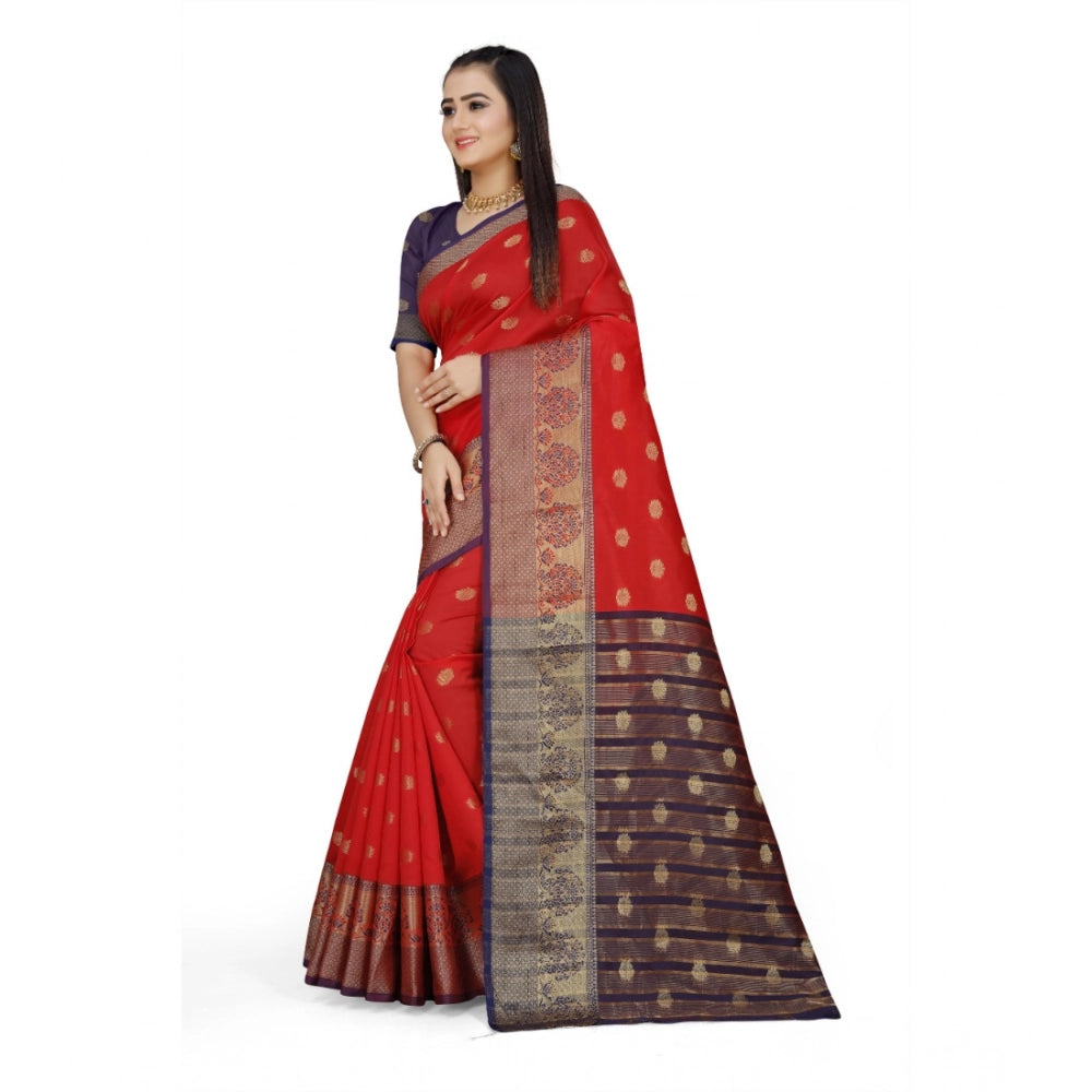 Red jacquard woven saree with unstitched blouse, vibrant traditional attire for women's fashion