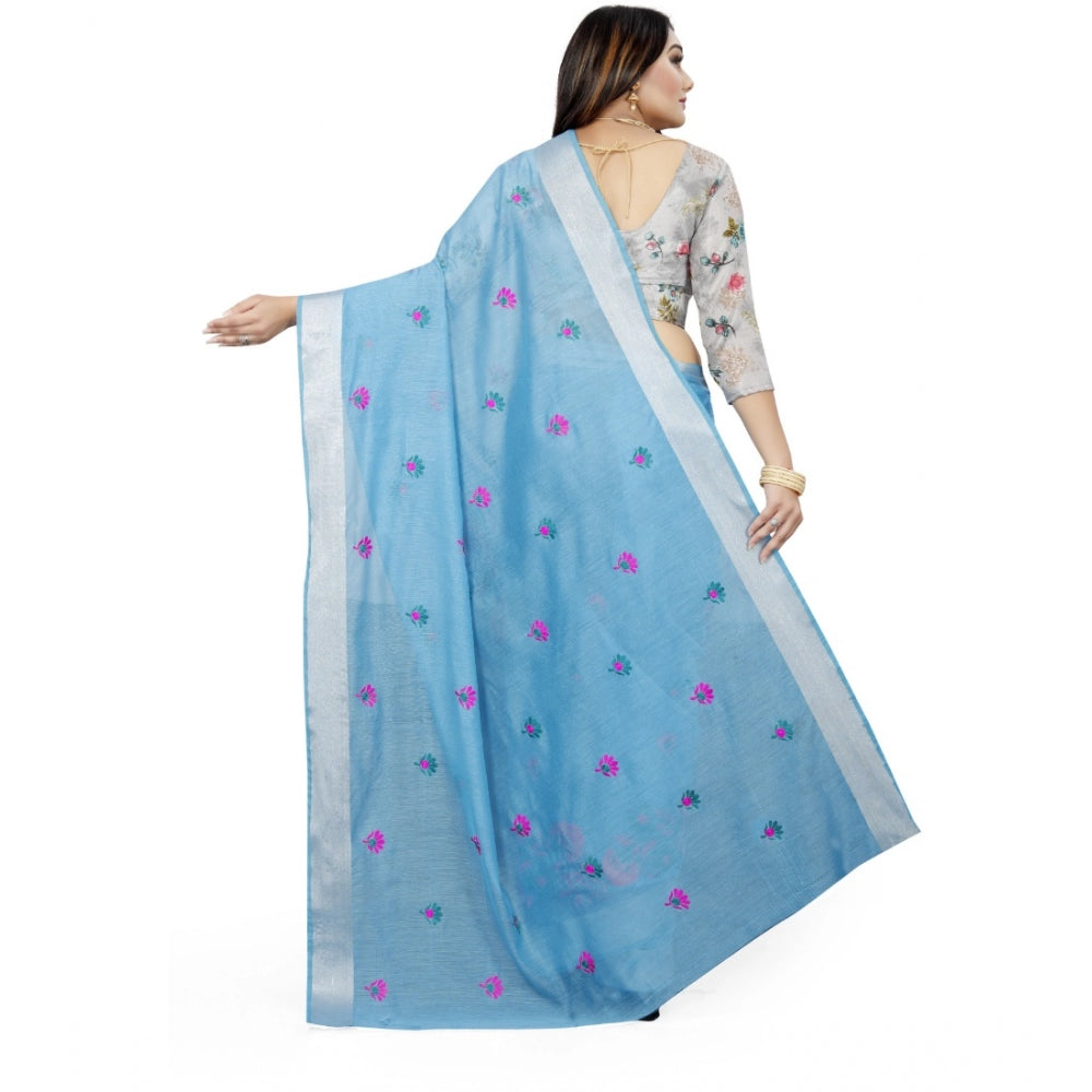 Light blue cotton silk embroidered saree with unstitched blouse, intricate design for traditional Indian wear
