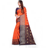 Orange silk blend woven saree with unstitched blouse, vibrant traditional attire for women
