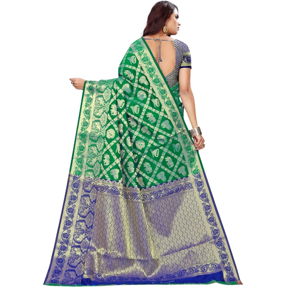 Green jacquard woven saree with unstitched blouse, 5.5mtr length