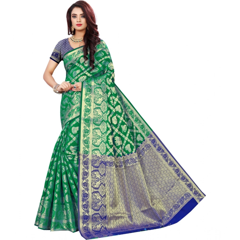 Green jacquard woven saree with unstitched blouse, vibrant green traditional Indian attire on model