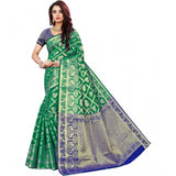 Green jacquard woven saree with unstitched blouse, vibrant green traditional Indian attire on model