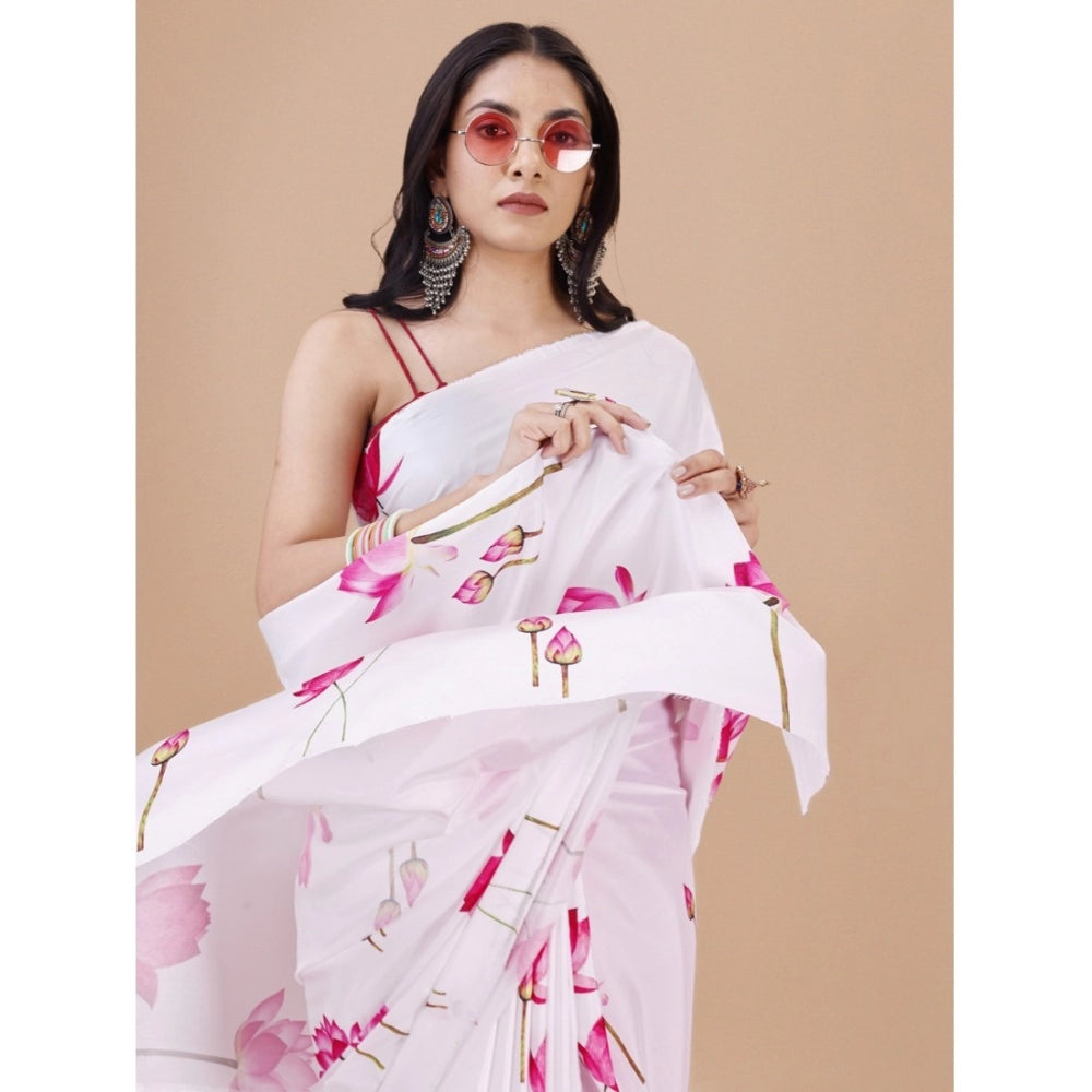 White crepe digital print saree with unstitched blouse, 5.5mtr length for traditional Indian attire