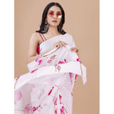 Women's Crepe Digital Print Saree With Unstitched Blouse 5.5Mtr (White)