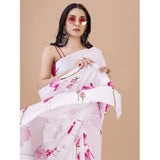 White crepe digital print saree with unstitched blouse, 5.5mtr length for traditional Indian attire