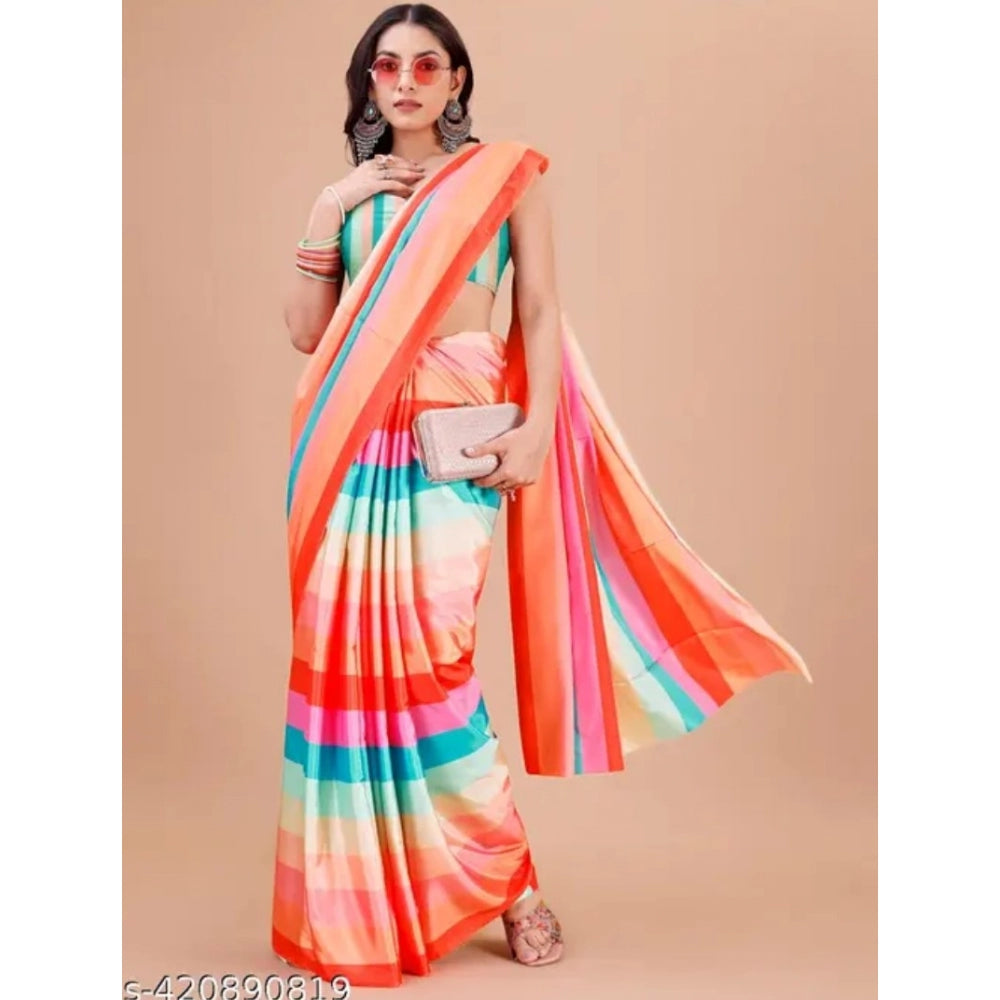 Multicolor crepe digital print saree with unstitched blouse, vibrant Indian fashion accessory on display