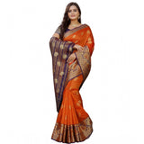 Gold-Orange silk blend woven saree with unstitched blouse, vibrant Indian traditional wear for women