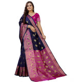 Women's Silk Blend Woven Saree With Unstitched Blouse 5.5Mtr (Dark Blue-Pink)