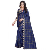Women's Cotton Silk Checkered Saree With Unstitched Blouse 5.5Mtr (Dark Blue)