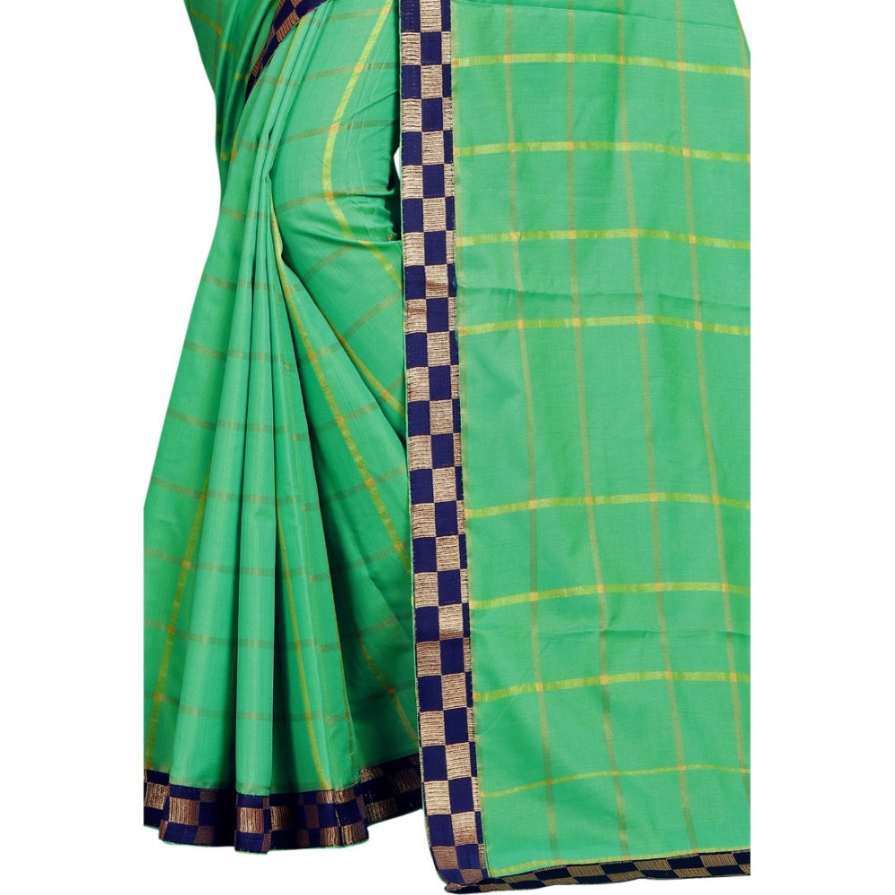 Green cotton silk checkered saree with unstitched blouse, vibrant pattern for women's traditional wear