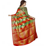 Red jacquard woven saree with unstitched blouse, vibrant traditional Indian wear for women