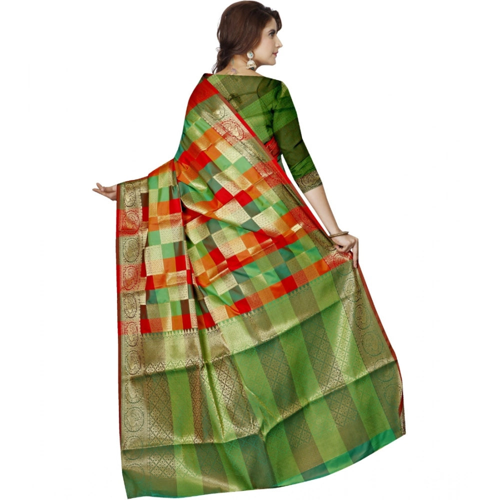 Green jacquard woven saree with unstitched blouse, intricate patterns for traditional Indian attire