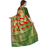 Green jacquard woven saree with unstitched blouse, intricate patterns for traditional Indian attire