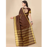 Brown cotton silk striped saree with unstitched blouse, 5.5mtr length on mannequin