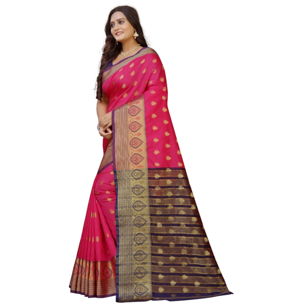 Multicolor silk blend woven saree with unstitched blouse, intricate patterns showcased on a mannequin