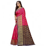 Multicolor silk blend woven saree with unstitched blouse, intricate patterns showcased on a mannequin