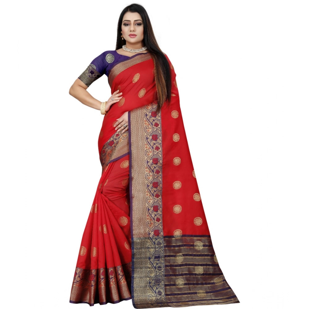Red-Blue silk blend woven saree with unstitched blouse, vibrant Indian women's attire for traditional events