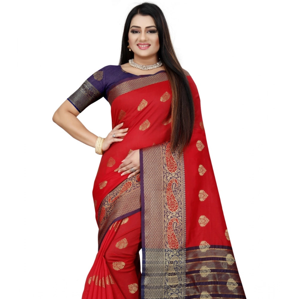 Purple-red silk blend woven saree with unstitched blouse, vibrant Eastern fashion accessory