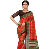Red Georgette floral print saree with unstitched blouse (5.5mtr), featuring intricate floral patterns