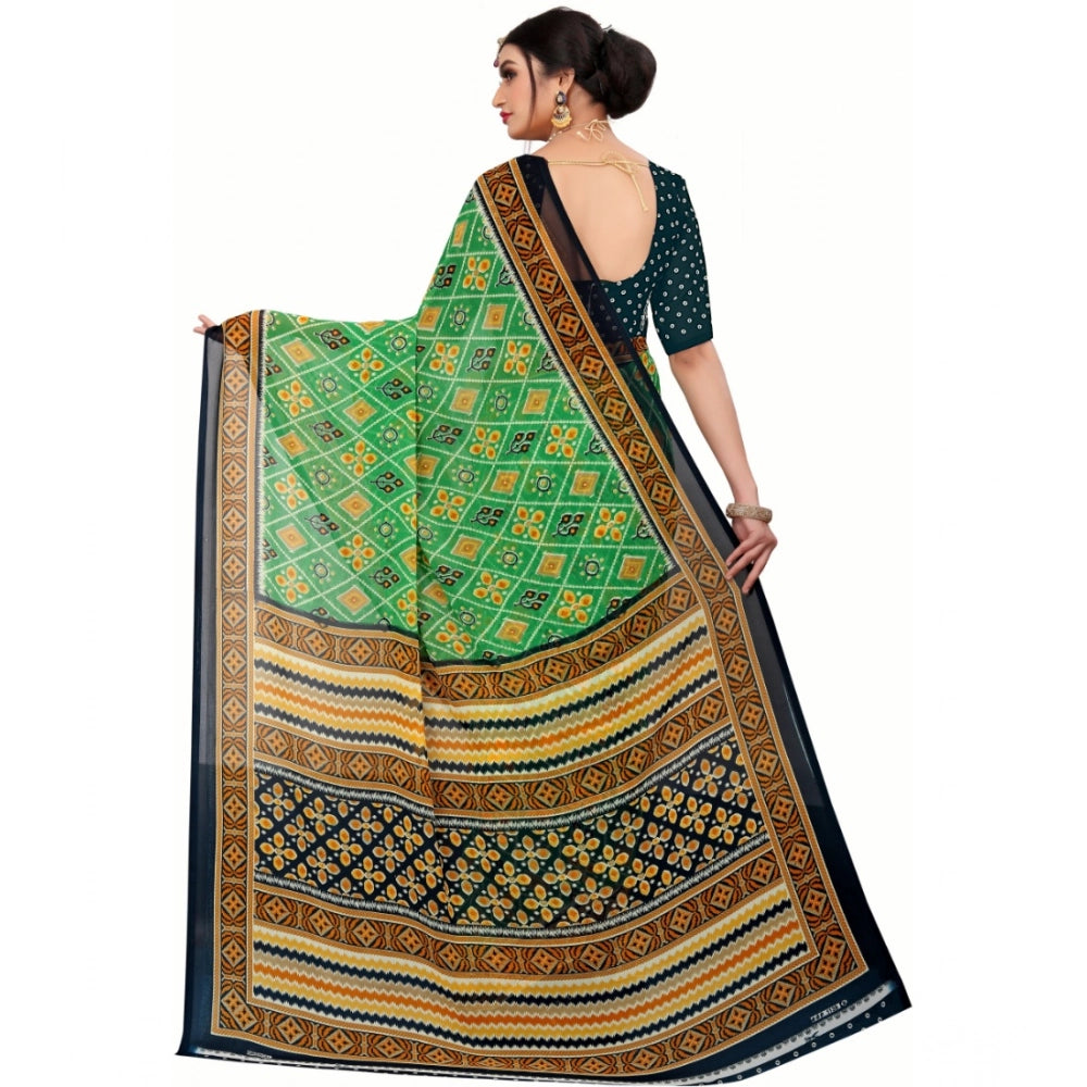 Light green georgette floral print saree with unstitched blouse, vibrant floral design showcased against soft background