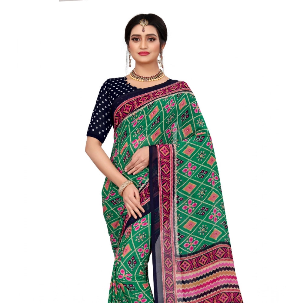 Green Georgette floral print saree with unstitched blouse (5.5mtr) - vibrant floral detailing on traditional Indian wear