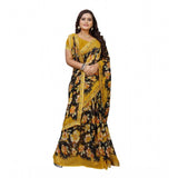 Black-mustard Georgette floral print saree with unstitched blouse, vibrant flowers on flowing fabric