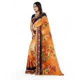 Blue-Orange Georgette floral print saree with unstitched blouse, vibrant floral design on 5.5mtr fabric