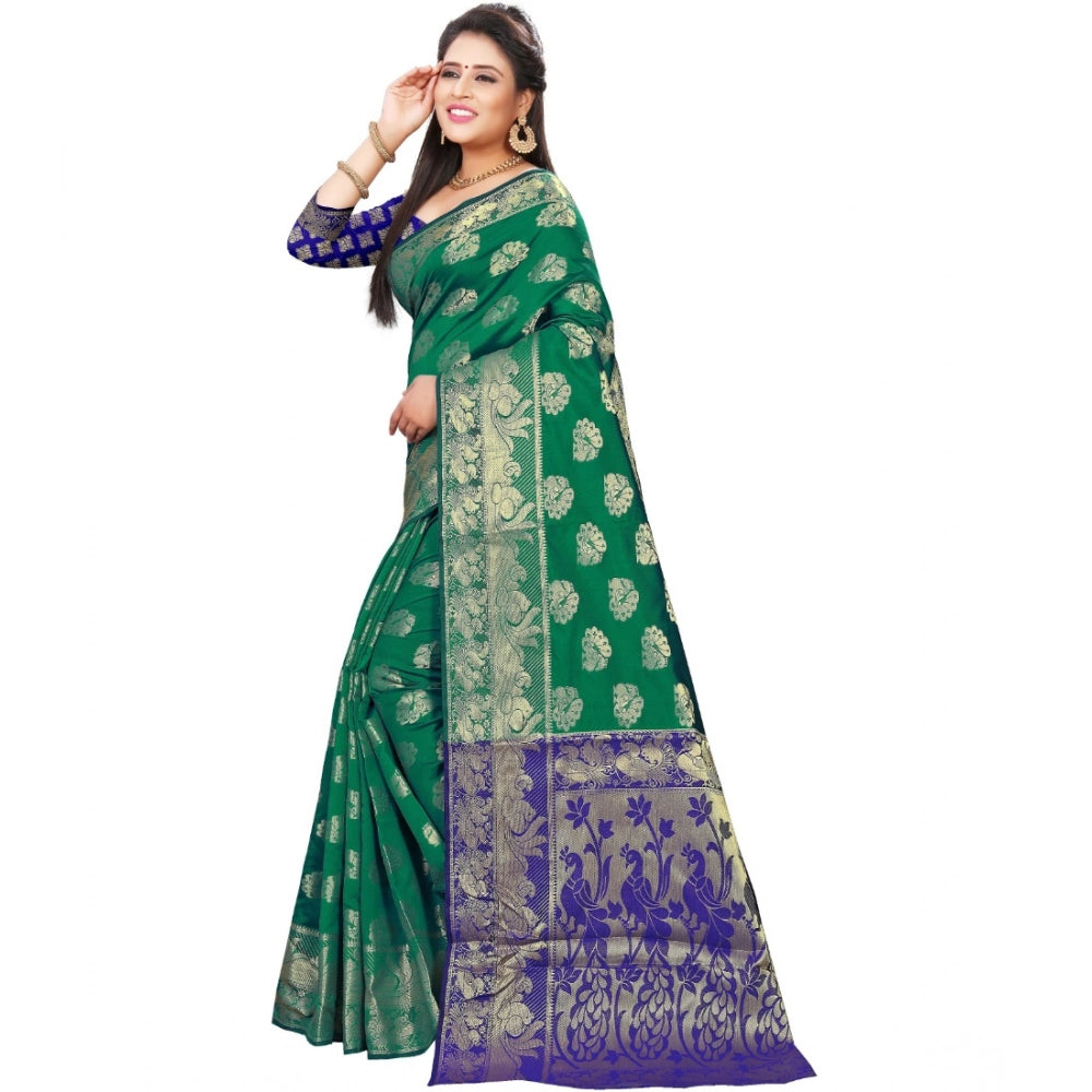 Green jacquard woven saree with unstitched blouse, vibrant Indian fashion accessory