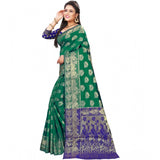 Green jacquard woven saree with unstitched blouse, vibrant Indian fashion accessory