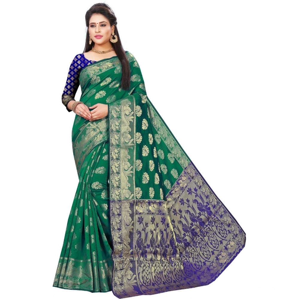 Green jacquard woven saree with unstitched blouse, vibrant traditional Indian attire for women on display