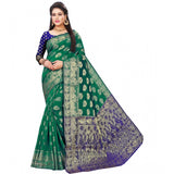 Green jacquard woven saree with unstitched blouse, vibrant traditional Indian attire for women on display