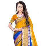Yellow jacquard woven saree with unstitched blouse, vibrant traditional attire for women