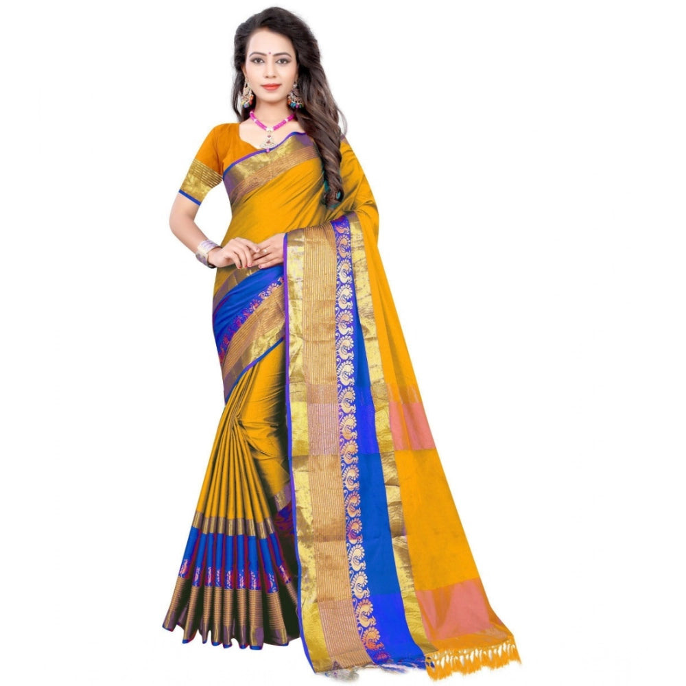 Yellow jacquard woven saree with unstitched blouse, 5.5mtr length on hangar