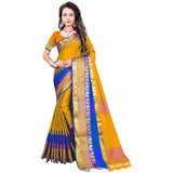 Yellow jacquard woven saree with unstitched blouse, 5.5mtr length on hangar