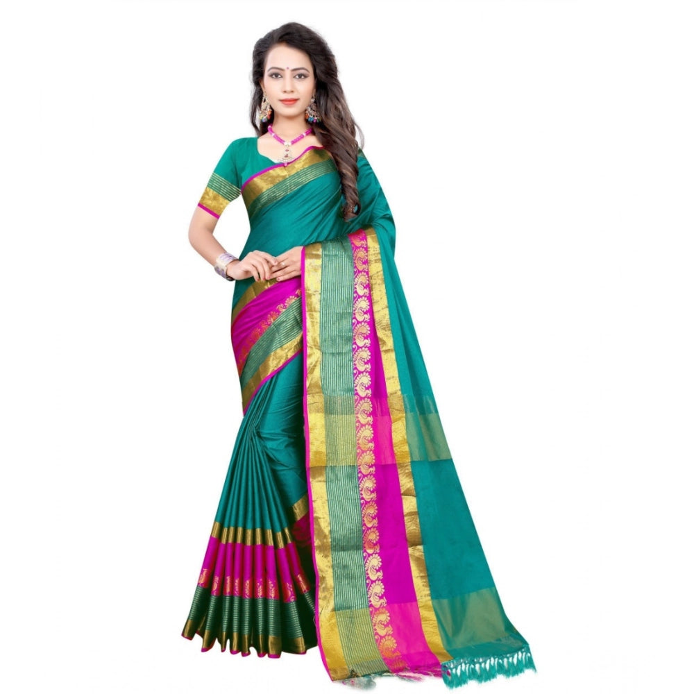 Dark green jacquard woven saree with unstitched blouse, intricate patterns