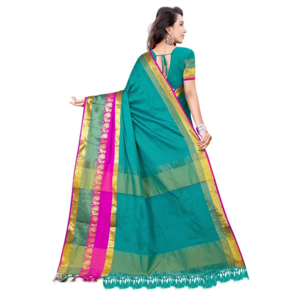 Dark green jacquard woven saree with unstitched blouse, vibrant design for traditional Indian wear