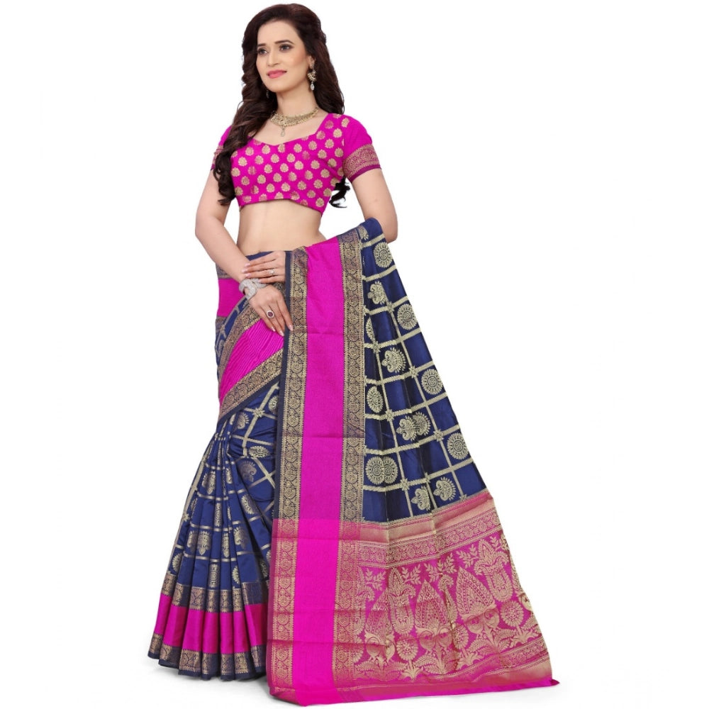 Blue jacquard woven saree with unstitched blouse, vibrant textiles for traditional Indian wear
