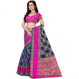 Blue jacquard woven saree with unstitched blouse, vibrant textiles for traditional Indian wear