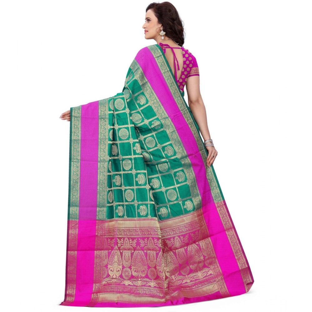 Light green jacquard woven saree with unstitched blouse, traditional Indian fashion on mannequin