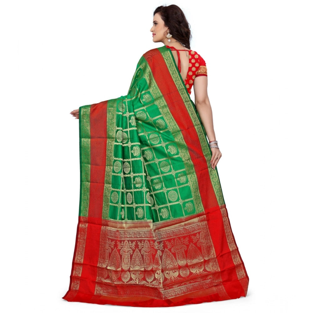 Green jacquard woven saree with unstitched blouse, 5.5Mtr, intricate patterns on display