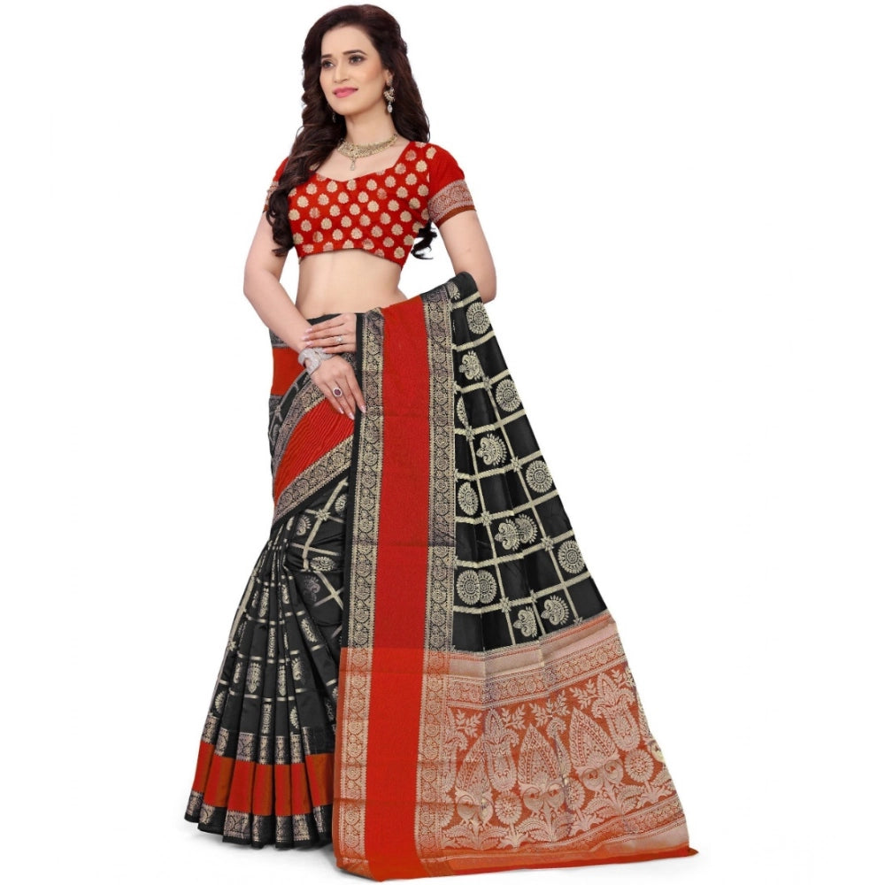 Red-Black jacquard woven saree with unstitched blouse, traditional Indian attire for women on mannequin
