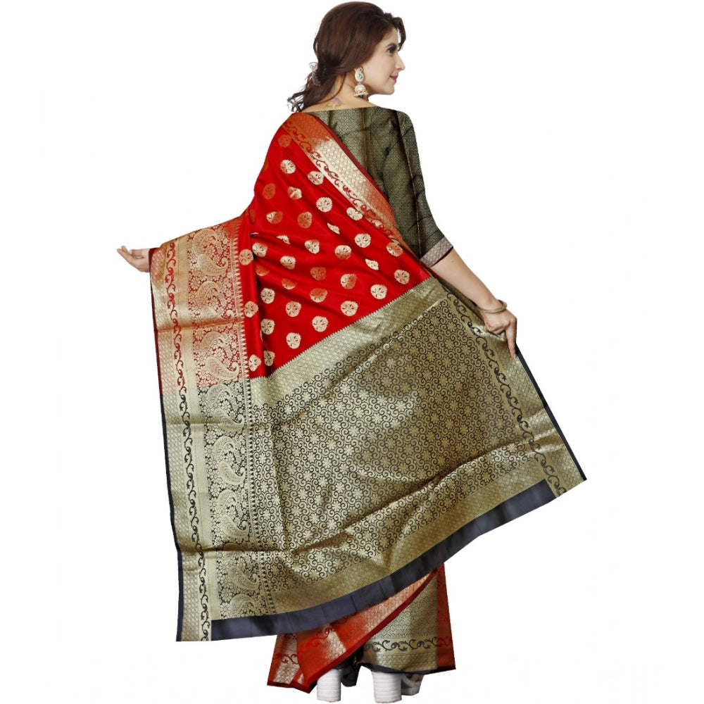 Red jacquard woven saree with unstitched blouse, intricate patterns for traditional Indian attire