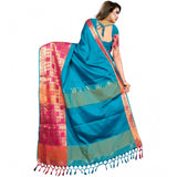 Multicolor jacquard woven saree with unstitched blouse, vibrant patterns for Indian festivals and celebrations