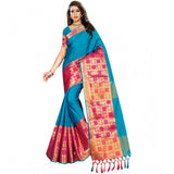Multicolor jacquard woven saree with unstitched blouse, vibrant traditional Indian attire on display